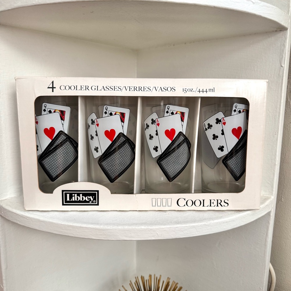 VINTAGE NWT Libbey Poker Playing Card Themed Cooler Glasses| Set of 4